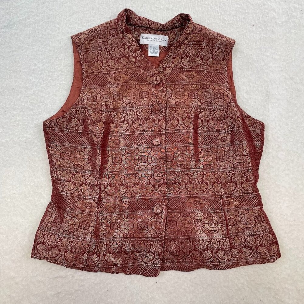 Katherine Kelly Silk Wool Blend Metallic Red Vest Size 14